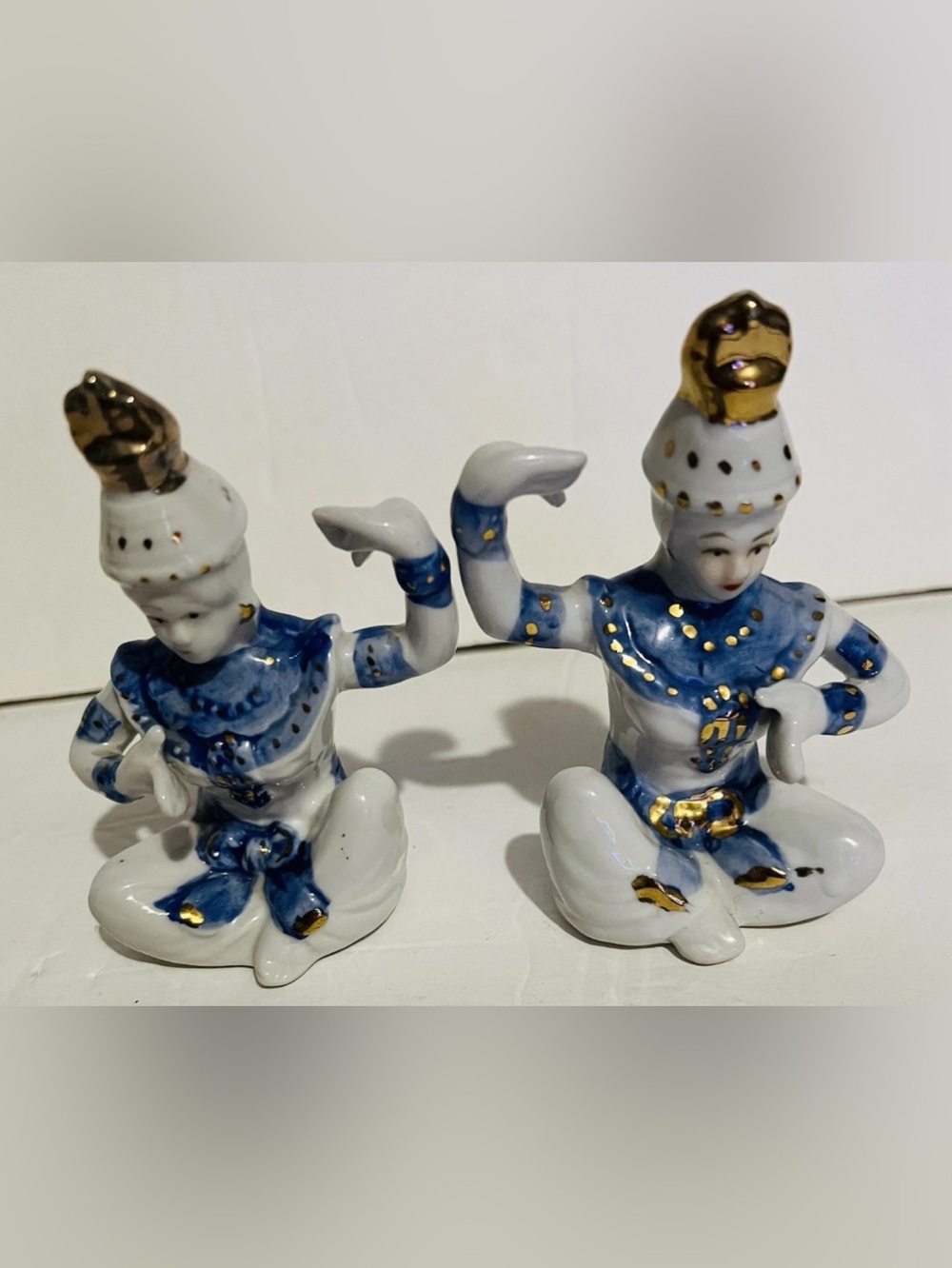 Pair of Vintage Porcelain Thai Temple Dancer Mini Figurines Blue Gold Accents